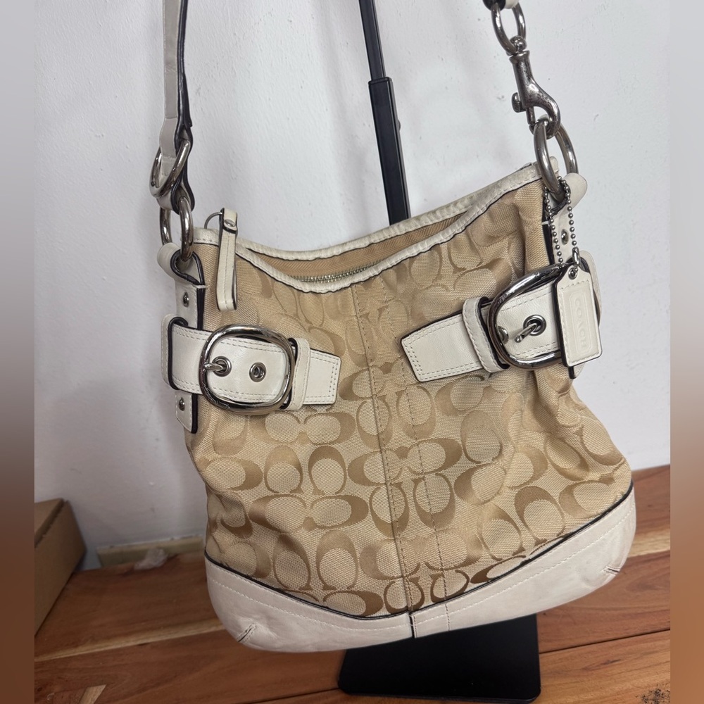 Coach Signature Canvas Shoulder Bag in Beige with White Trim